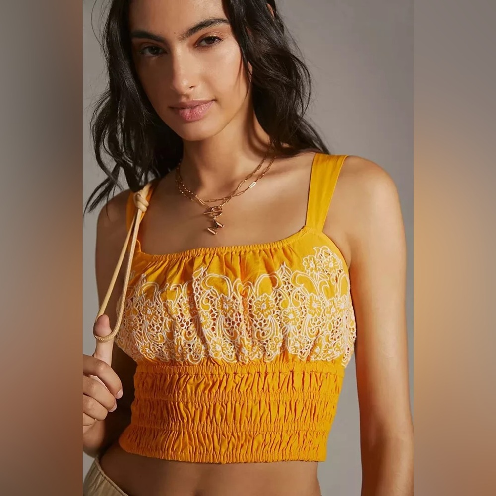 By Anthropologie Smocked Orange Floral Crop Tank Top in Size XS